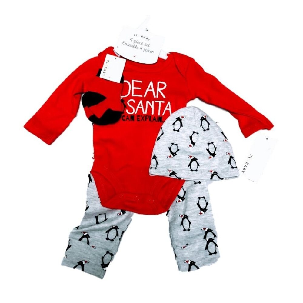 Babys 4-Piece Red & Grey "Dear Santa" Penguin Outfit Set